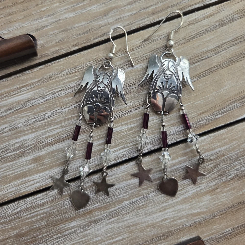 SterlingSilver & Burgundy VTG Angel Dangle Earrings Whimical Goth Southwestern
